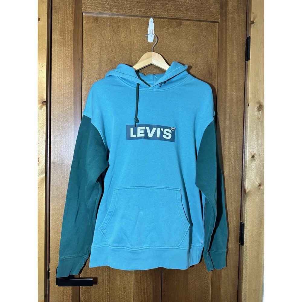Levi's Hoodie Mens Large Teal Aqua Colorblock Relaxed Fit Pullover Logo Fleece